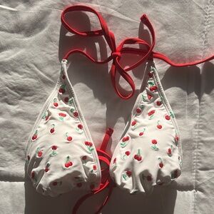 wild fable White Cherry-Print Triangle Bikini Top with Red Ties